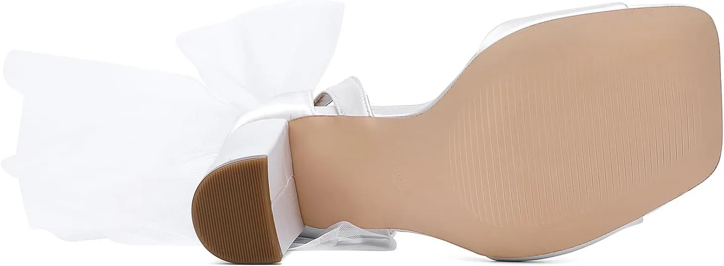 Women's Satin Wedding White Heels with Bow, Block Chunky White Heels,Wedding Shoes for Bride，Womens Dress Shoe