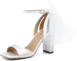 Women's Satin Wedding White Heels with Bow, Block Chunky White Heels,Wedding Shoes for Bride，Womens Dress Shoe