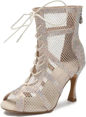 Women's Sexy Ballroom Dance Boots - Jazz Pole Dance Hollow Out Mesh High Heels, 10CM/3.9Inch Heel Height