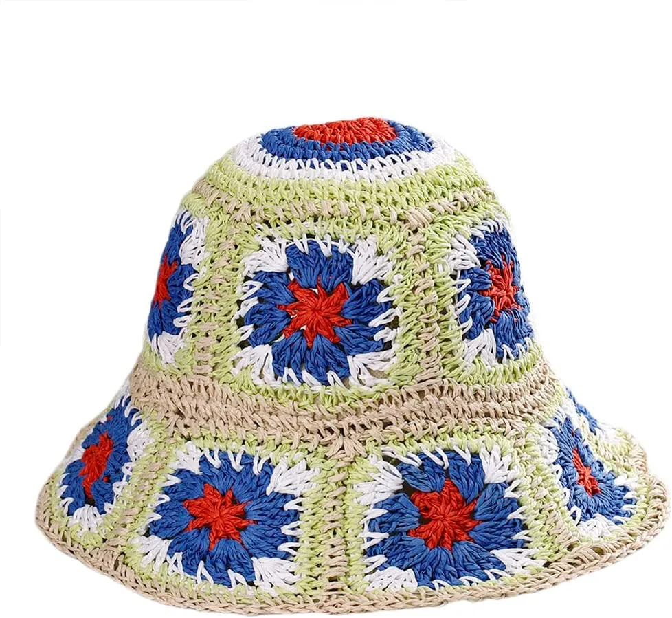 Womens Straw Sun Hat Floral Woven Bucket Hat Fishing Hat Beach Hat Hand Woven Foldable Cap