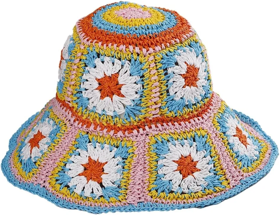 Womens Straw Sun Hat Floral Woven Bucket Hat Fishing Hat Beach Hat Hand Woven Foldable Cap