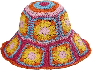 Womens Straw Sun Hat Floral Woven Bucket Hat Fishing Hat Beach Hat Hand Woven Foldable Cap