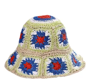 Womens Straw Sun Hat Floral Woven Bucket Hat Fishing Hat Beach Hat Hand Woven Foldable Cap