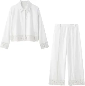 Women's Suit Jacket and Trousers Set with Delicate Lace Detailing Hollow Out Pant