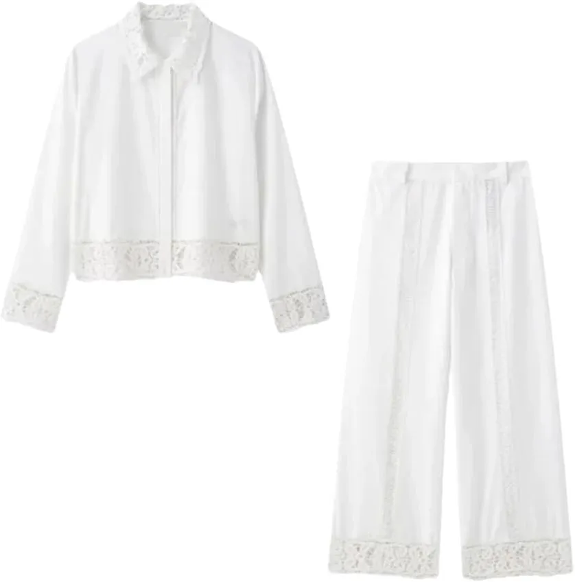 Women's Suit Jacket and Trousers Set with Delicate Lace Detailing Hollow Out Pant