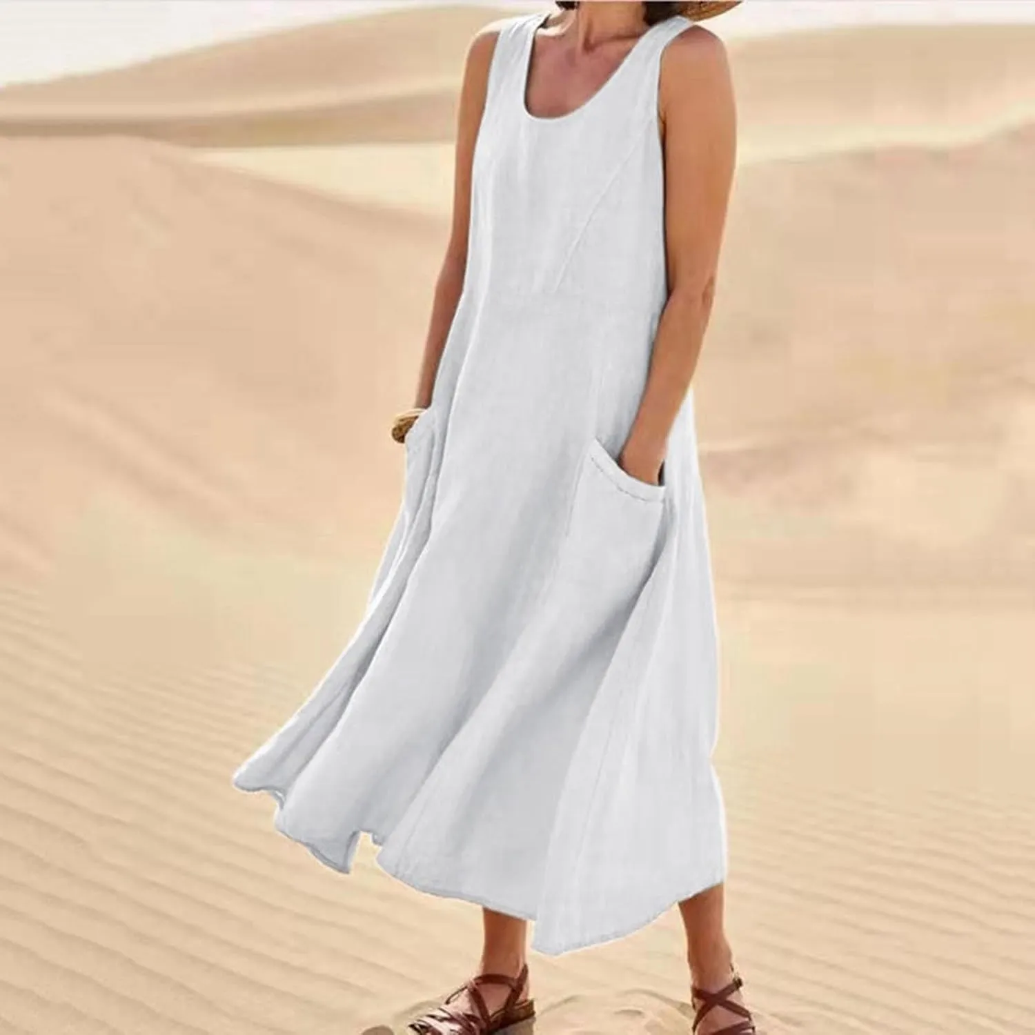 Women's Summer Cotton Linen Long Dress Sleeveless Elegant Flowy Dresses Plus Size Loose Comfy Dress with Pockets
