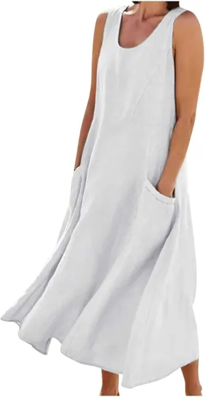 Women's Summer Cotton Linen Long Dress Sleeveless Elegant Flowy Dresses Plus Size Loose Comfy Dress with Pockets