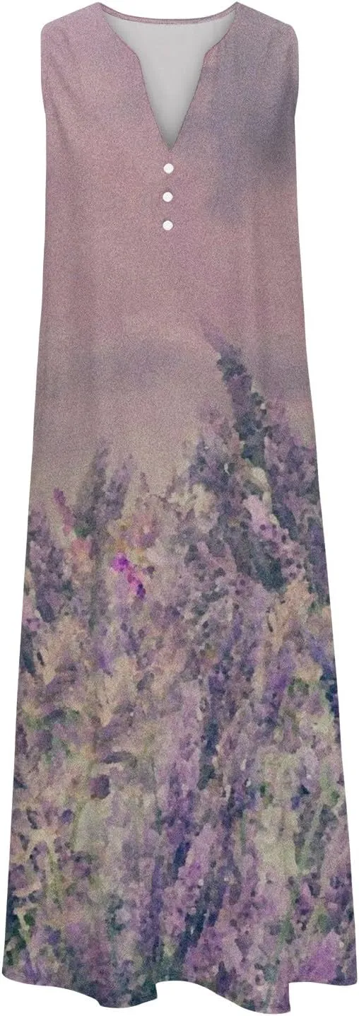 Womens Summer Design Casual Dress Fashion Floral Printed Elegant Dress Sleeveless V-Neck Long Dress with Pockets