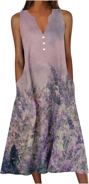 Womens Summer Design Casual Dress Fashion Floral Printed Elegant Dress Sleeveless V-Neck Long Dress with Pockets
