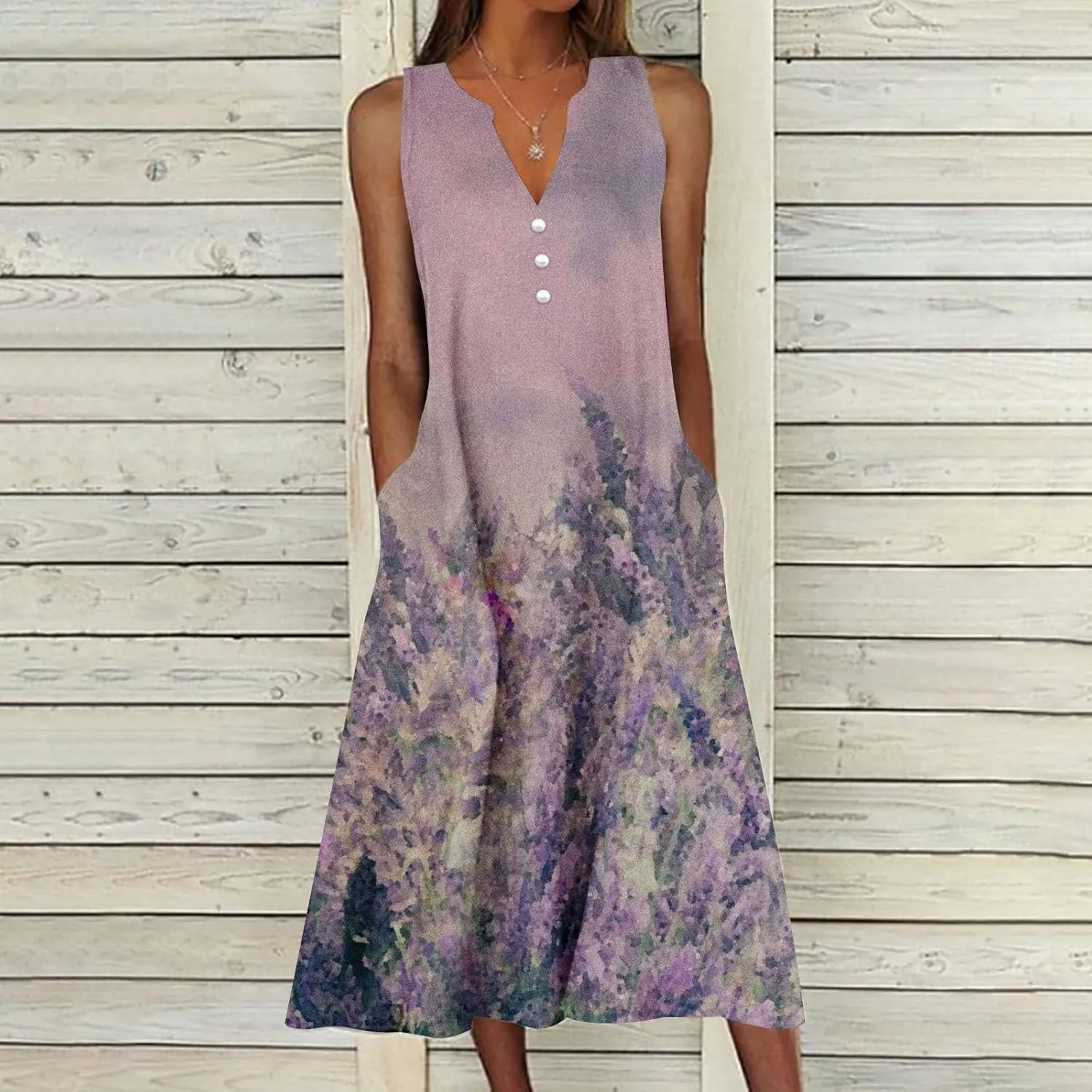 Womens Summer Design Casual Dress Fashion Floral Printed Elegant Dress Sleeveless V-Neck Long Dress with Pockets