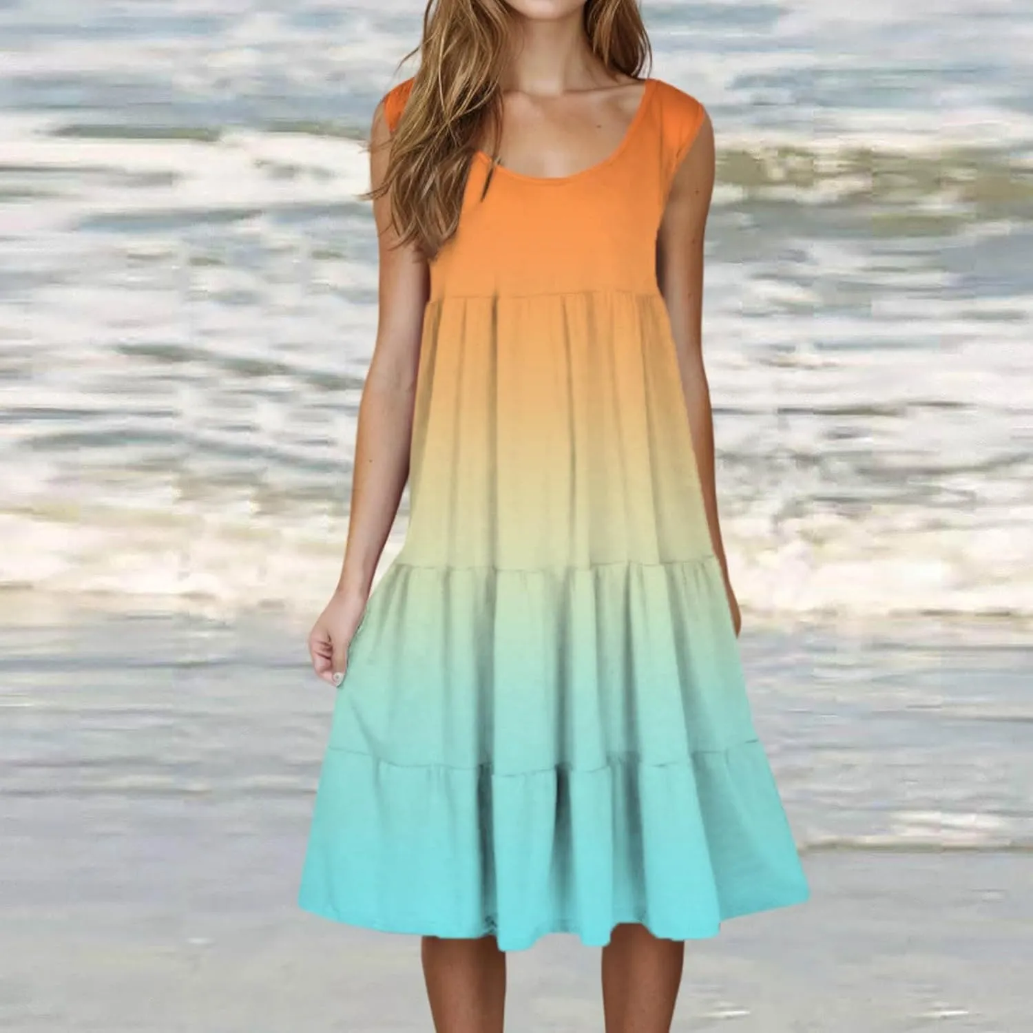 Women's Summer Elegant Dress Sleeveless Round Neck Fashion Skirts Pleated Comfy Gradient Color Dresses Walking