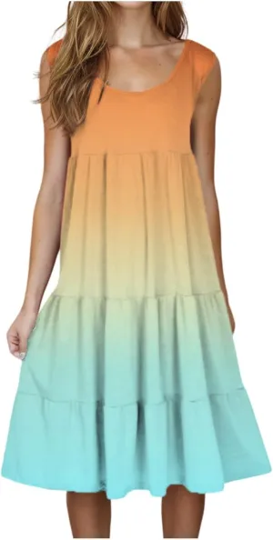Women's Summer Elegant Dress Sleeveless Round Neck Fashion Skirts Pleated Comfy Gradient Color Dresses Walking