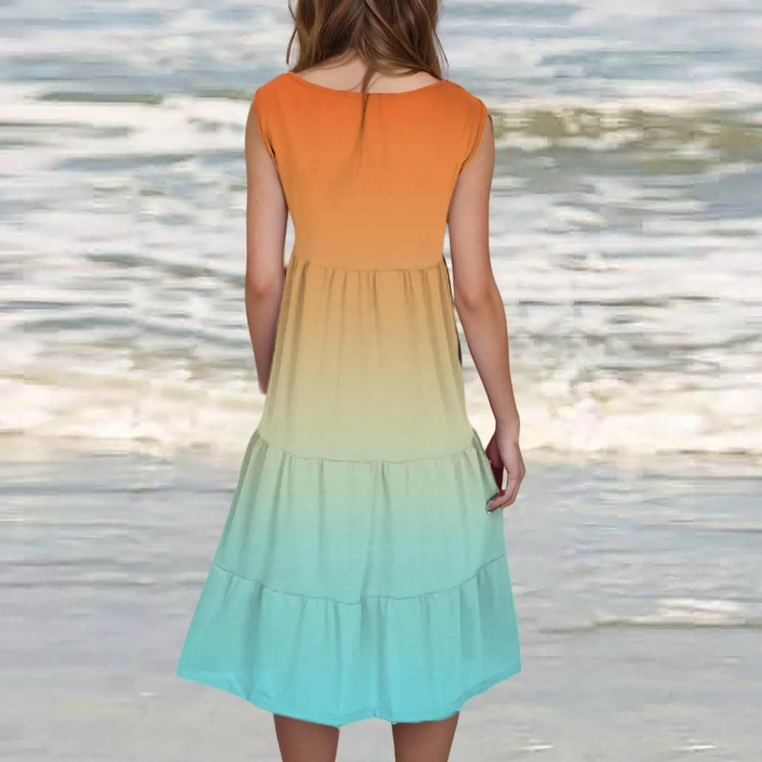 Women's Summer Elegant Dress Sleeveless Round Neck Fashion Skirts Pleated Comfy Gradient Color Dresses Walking
