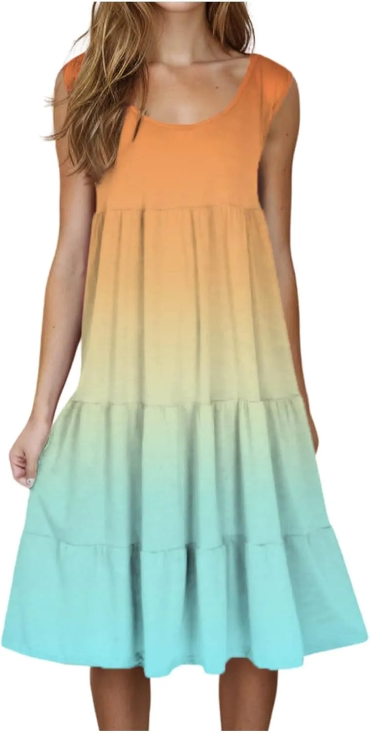 Women's Summer Elegant Dress Sleeveless Round Neck Fashion Skirts Pleated Comfy Gradient Color Dresses Walking