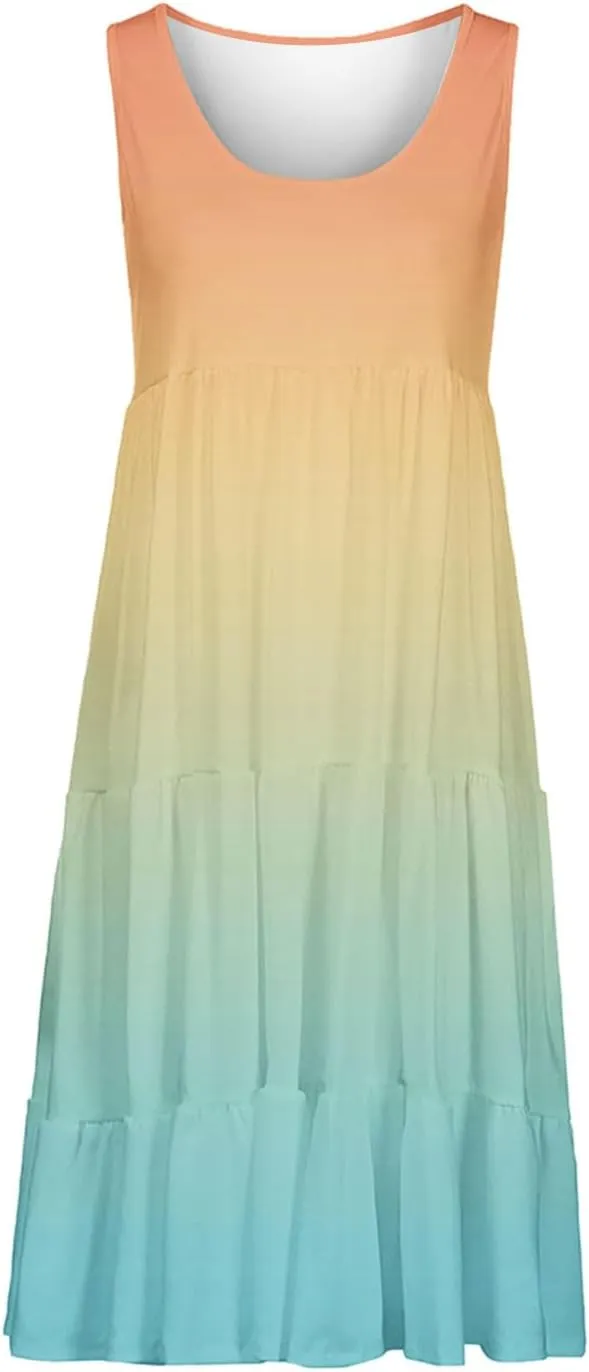 Women's Summer Elegant Dress Sleeveless Round Neck Fashion Skirts Pleated Comfy Gradient Color Dresses Walking