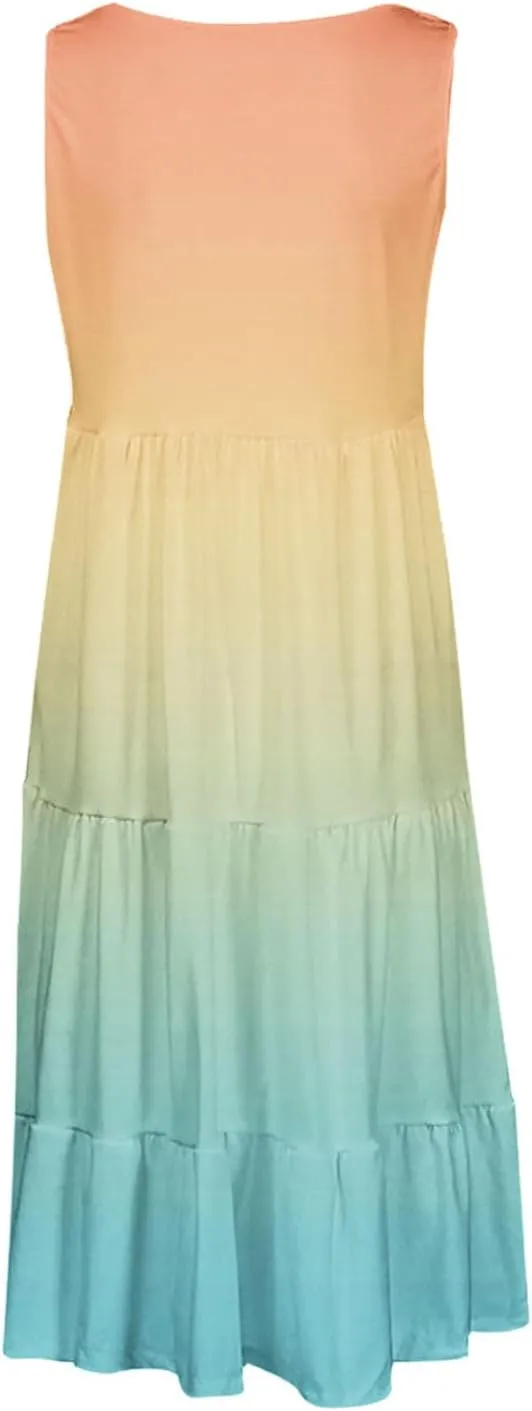 Women's Summer Elegant Dress Sleeveless Round Neck Fashion Skirts Pleated Comfy Gradient Color Dresses Walking