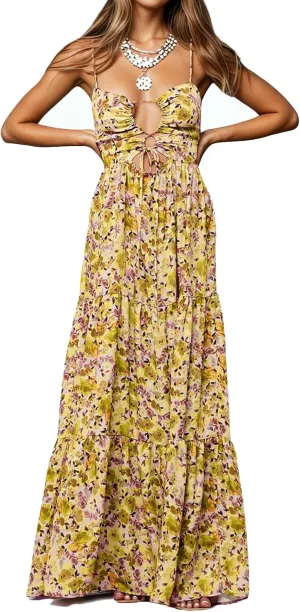 Womens Summer Floral Spaghetti Strap Backless Low Cut Smocked Flowy Maxi Dresses Beach Sundresses