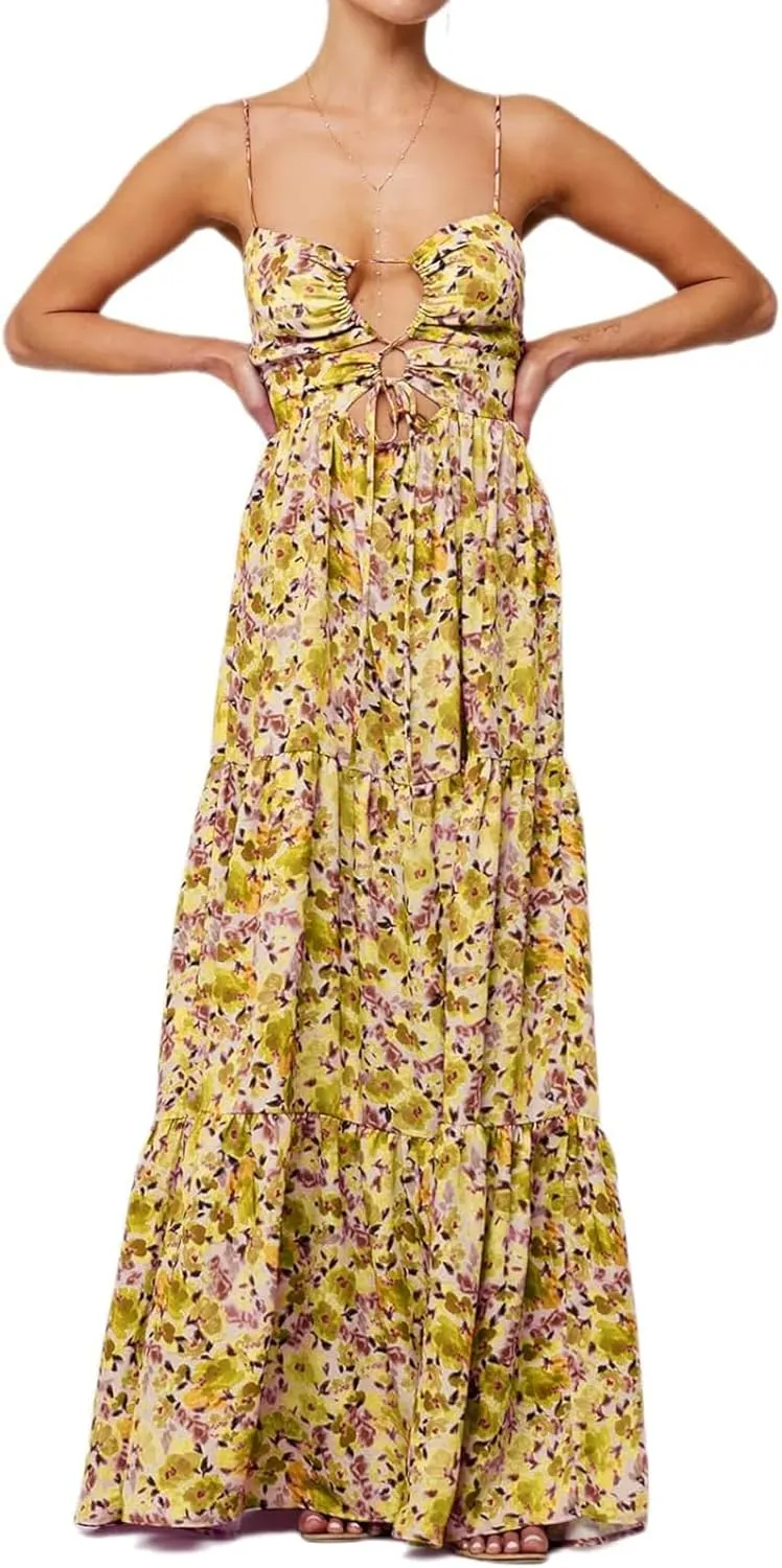 Womens Summer Floral Spaghetti Strap Backless Low Cut Smocked Flowy Maxi Dresses Beach Sundresses