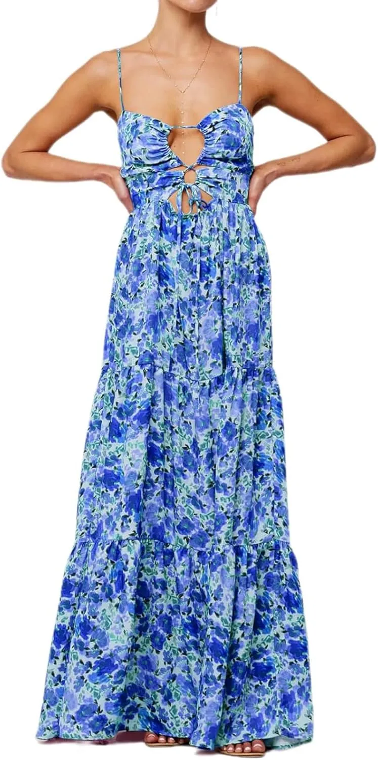 Womens Summer Floral Spaghetti Strap Backless Low Cut Smocked Flowy Maxi Dresses Beach Sundresses