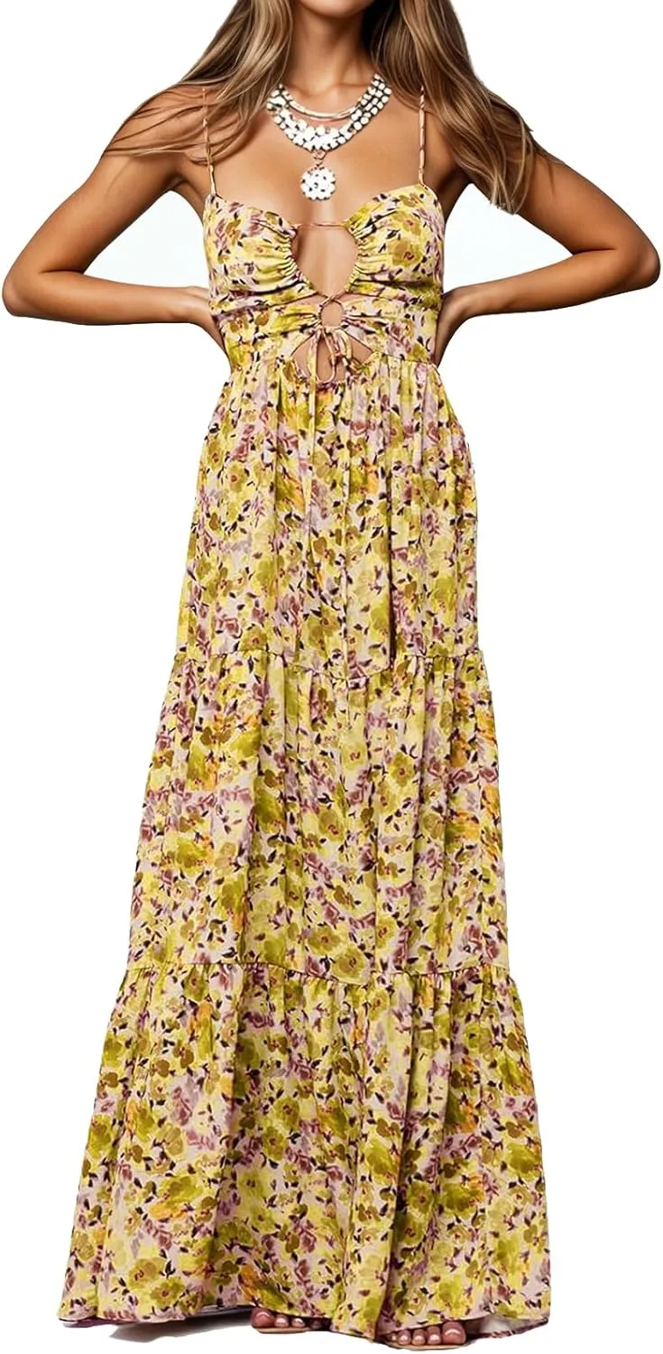 Womens Summer Floral Spaghetti Strap Backless Low Cut Smocked Flowy Maxi Dresses Beach Sundresses