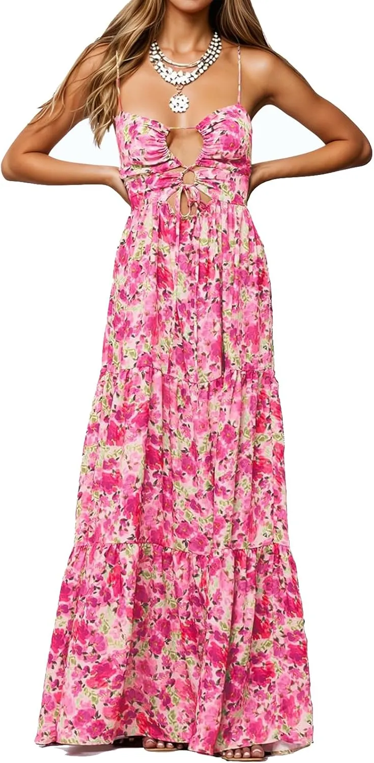 Womens Summer Floral Spaghetti Strap Backless Low Cut Smocked Flowy Maxi Dresses Beach Sundresses