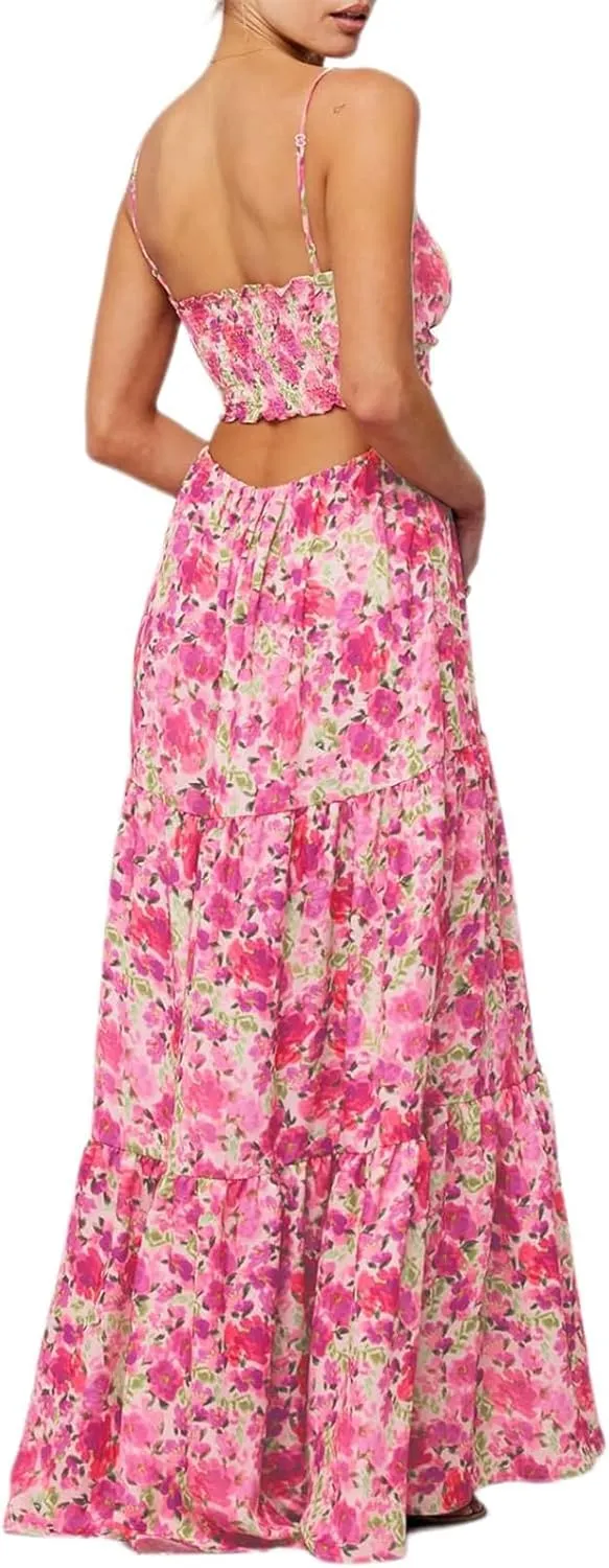 Womens Summer Floral Spaghetti Strap Backless Low Cut Smocked Flowy Maxi Dresses Beach Sundresses
