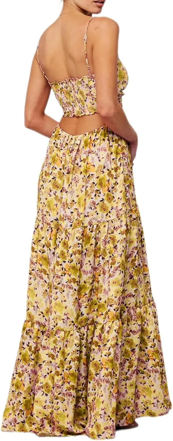 Womens Summer Floral Spaghetti Strap Backless Low Cut Smocked Flowy Maxi Dresses Beach Sundresses