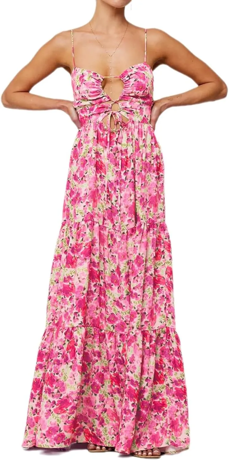 Womens Summer Floral Spaghetti Strap Backless Low Cut Smocked Flowy Maxi Dresses Beach Sundresses
