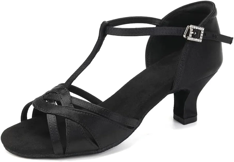 Women's T Strap Latin Dance Shoes Silk Satin Ballroom Salsa Dance Heels