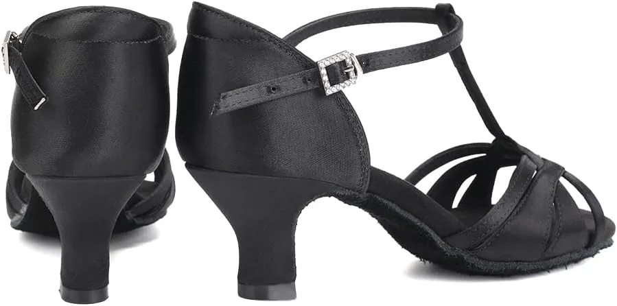Women's T Strap Latin Dance Shoes Silk Satin Ballroom Salsa Dance Heels