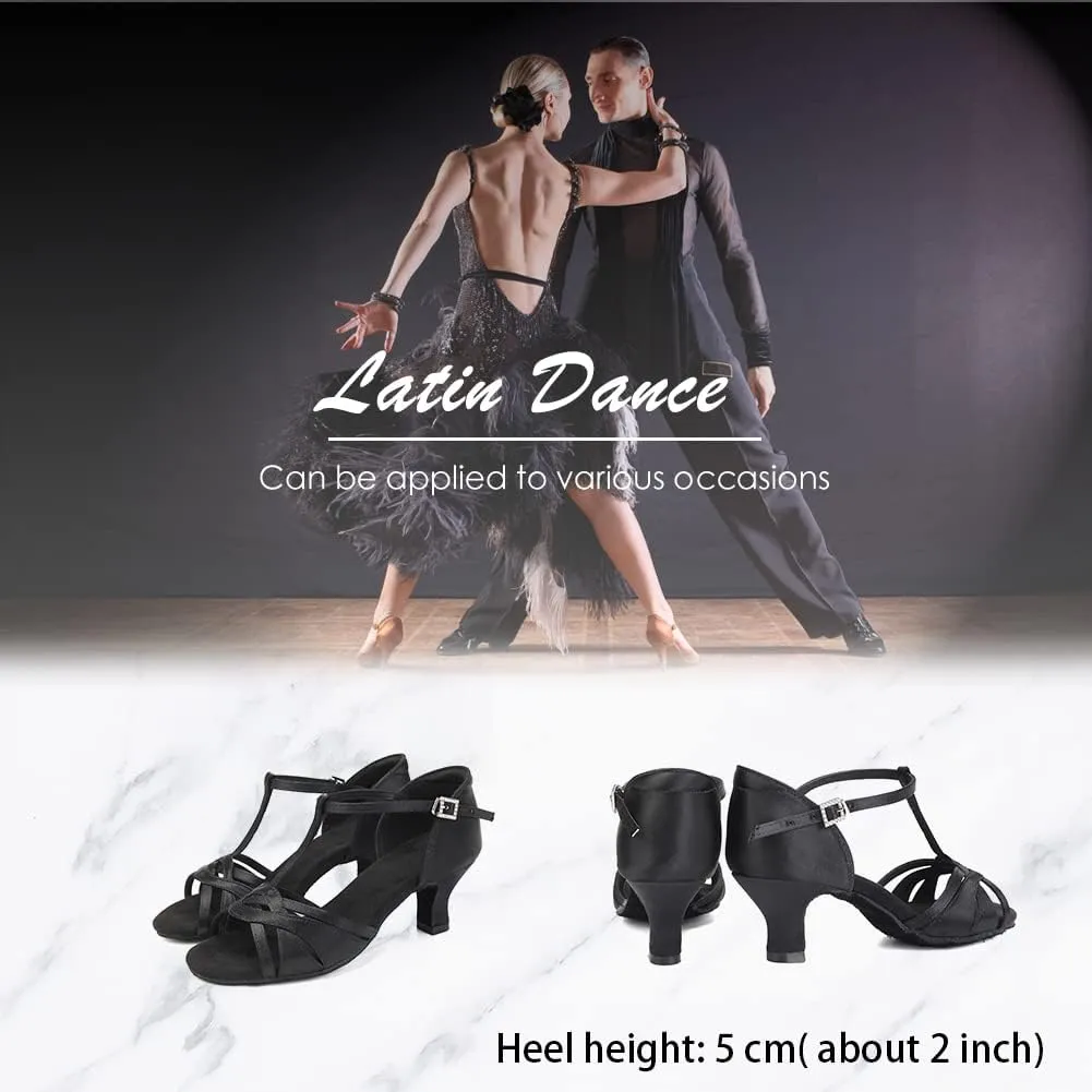 Women's T Strap Latin Dance Shoes Silk Satin Ballroom Salsa Dance Heels