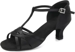 Women's T Strap Latin Dance Shoes Silk Satin Ballroom Salsa Dance Heels