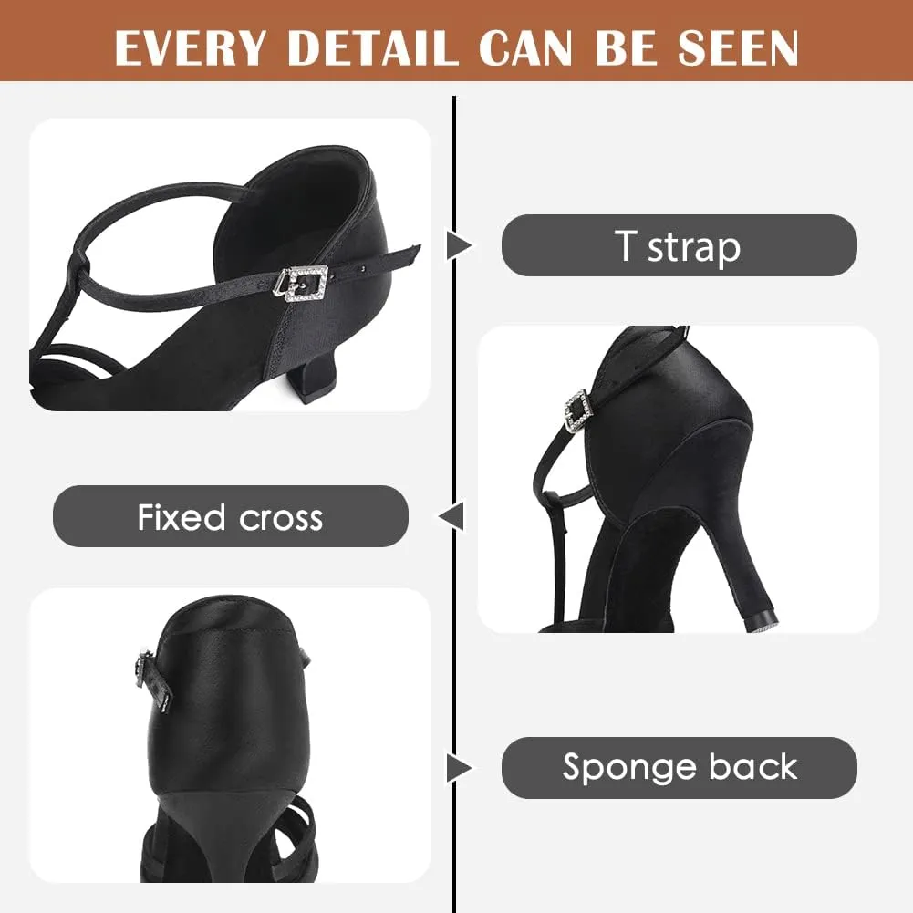 Women's T Strap Latin Dance Shoes Silk Satin Ballroom Salsa Dance Heels