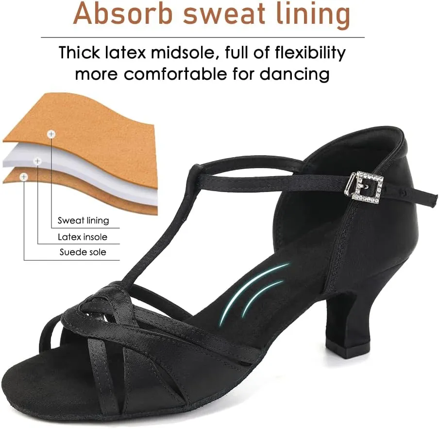 Women's T Strap Latin Dance Shoes Silk Satin Ballroom Salsa Dance Heels