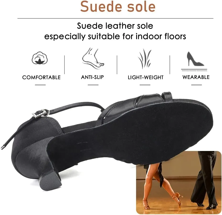 Women's T Strap Latin Dance Shoes Silk Satin Ballroom Salsa Dance Heels