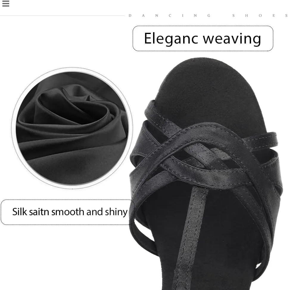 Women's T Strap Latin Dance Shoes Silk Satin Ballroom Salsa Dance Heels