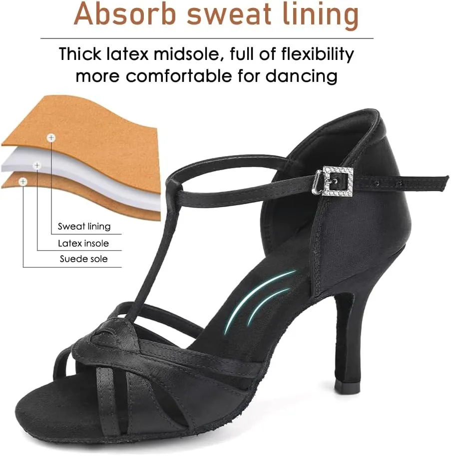 Women's T Strap Latin Dance Shoes Silk Satin Ballroom Salsa Dance Heels