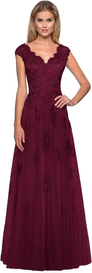 Women's V Neck Cap Sleeves Mother of The Bride Dresses Long Lace Formal Prom Evening Gowns with Pockets
