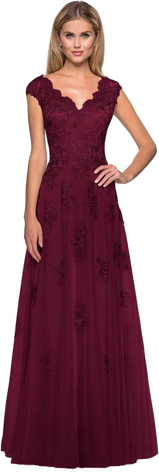 Women's V Neck Cap Sleeves Mother of The Bride Dresses Long Lace Formal Prom Evening Gowns with Pockets