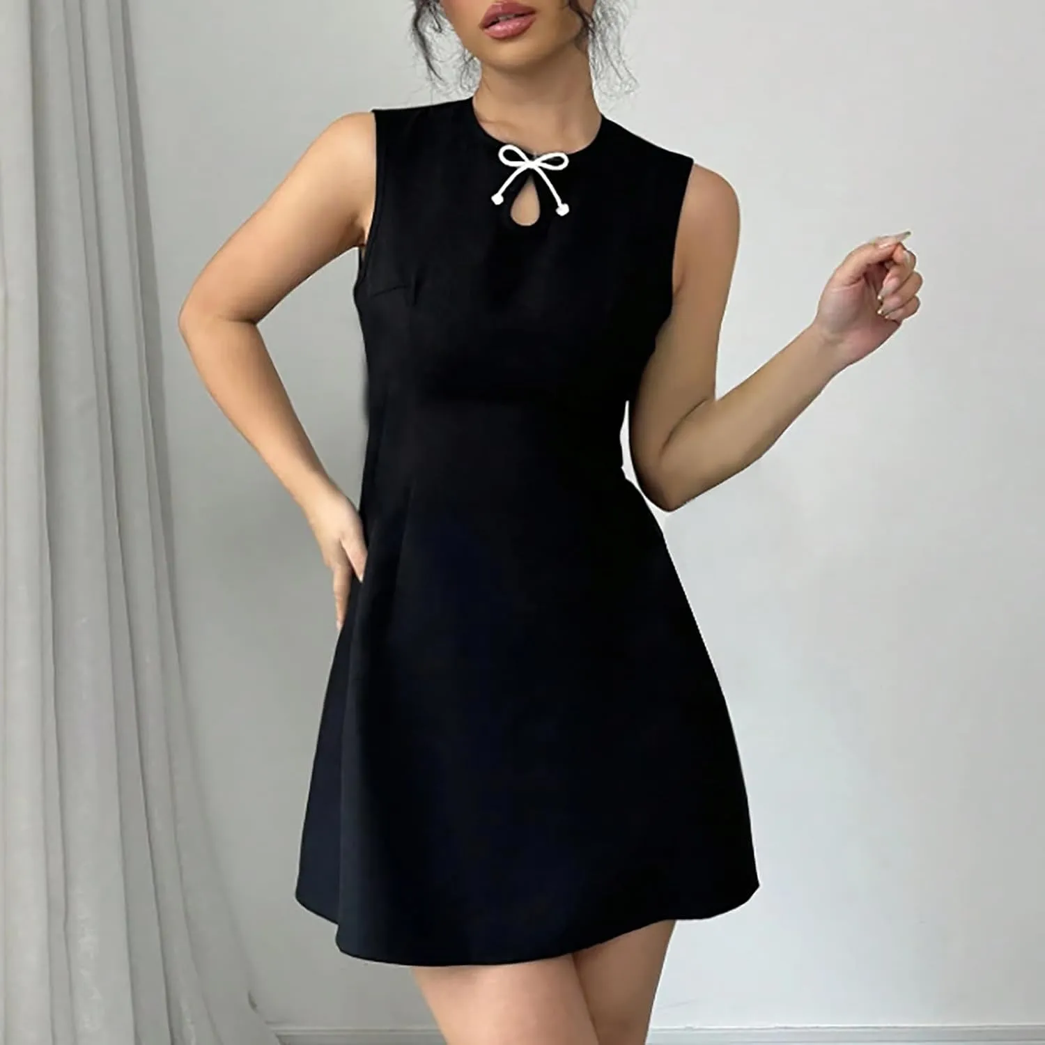 Women's Vintage Solid Dress Elegant Slimming Tummy Control Dresses Comfy Ruffle Hem Sleeveless Midi Skirt Daily Working