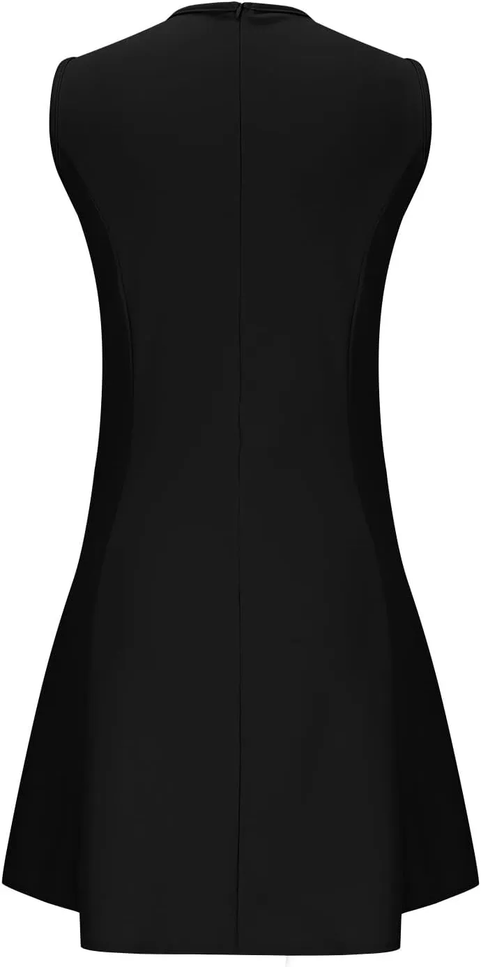 Women's Vintage Solid Dress Elegant Slimming Tummy Control Dresses Comfy Ruffle Hem Sleeveless Midi Skirt Daily Working
