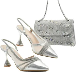 Women’S Wedding Shoes and Bag Set Elegant Pointed Toe Super High Heels Slingbacks Pumps with Clutch