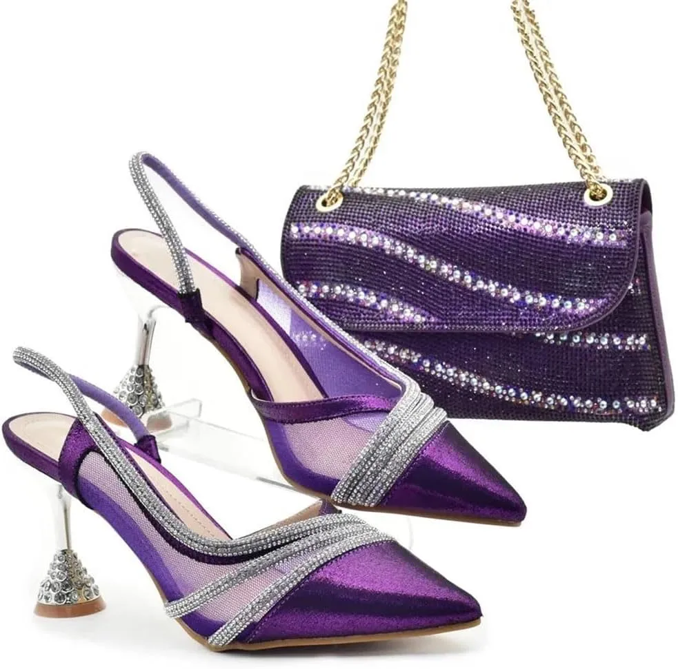Women’S Wedding Shoes and Bag Set Elegant Pointed Toe Super High Heels Slingbacks Pumps with Clutch