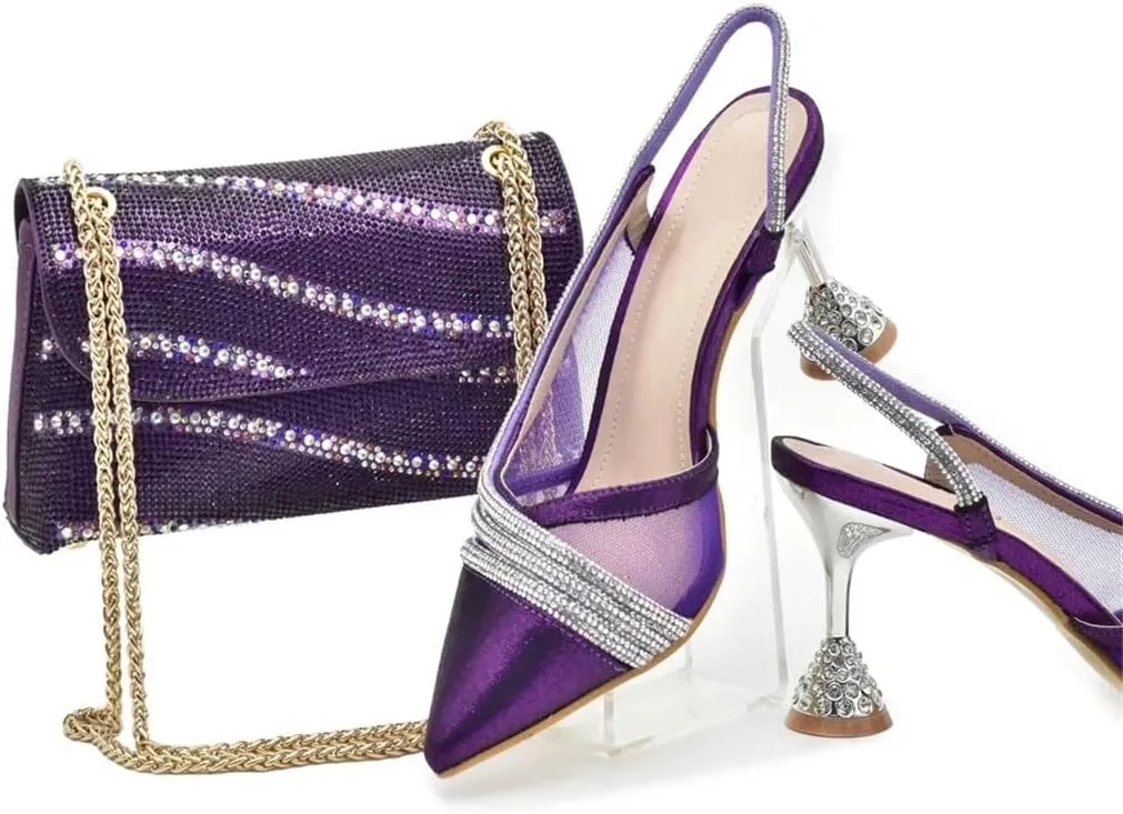 Women’S Wedding Shoes and Bag Set Elegant Pointed Toe Super High Heels Slingbacks Pumps with Clutch