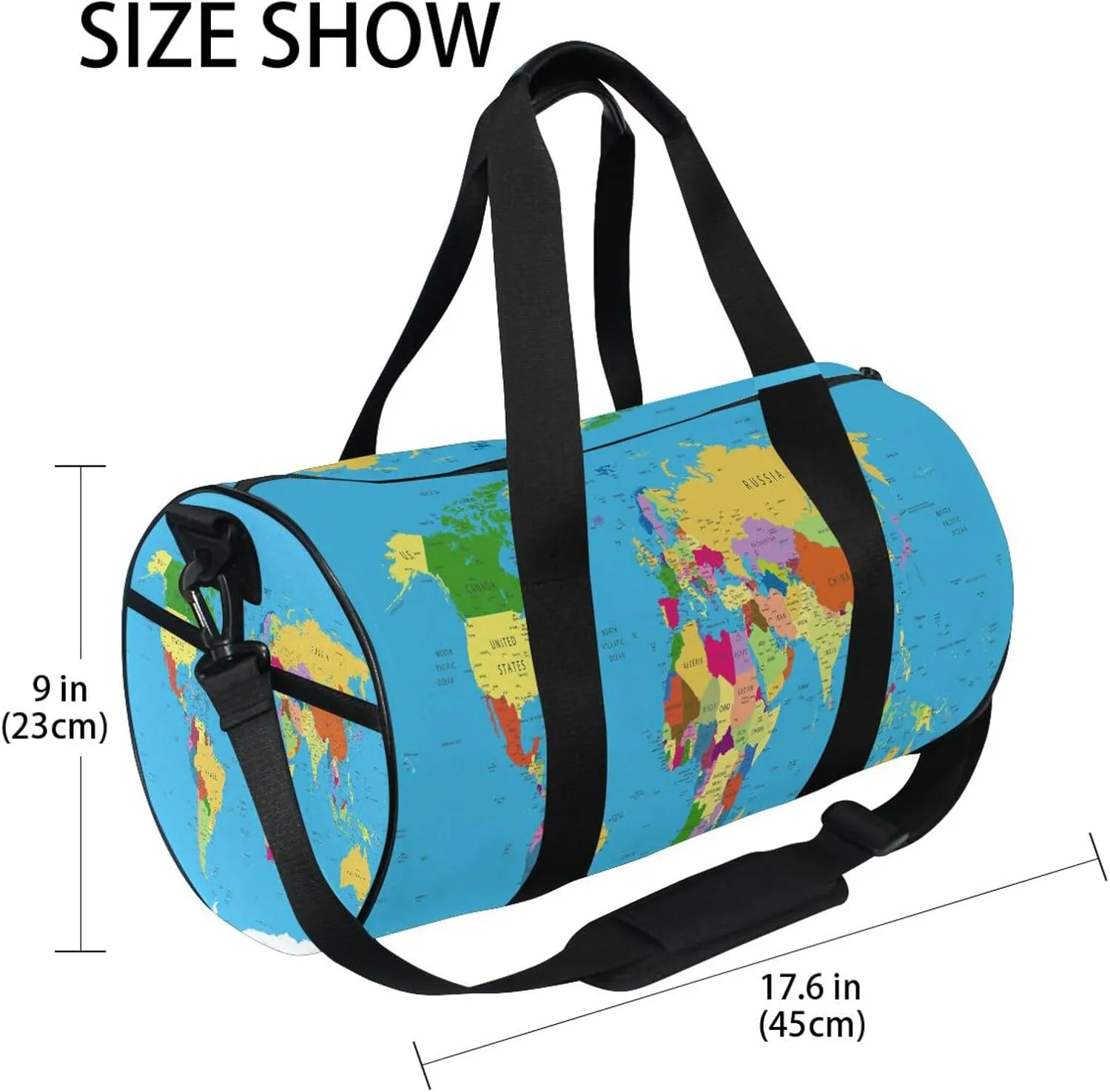 World Map Portable Gym Bag, Travel Bag, Luggage bag, Sports Bag, Toiletry Bag with Handles, Detachable Shoulder Strap 17.6 x 9 x 9 inch
