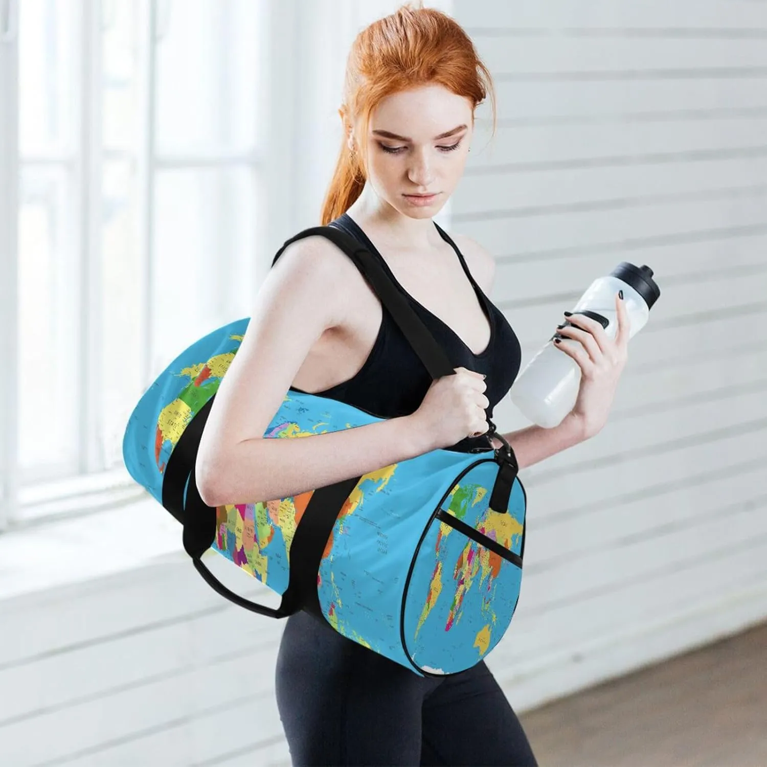 World Map Portable Gym Bag, Travel Bag, Luggage bag, Sports Bag, Toiletry Bag with Handles, Detachable Shoulder Strap 17.6 x 9 x 9 inch