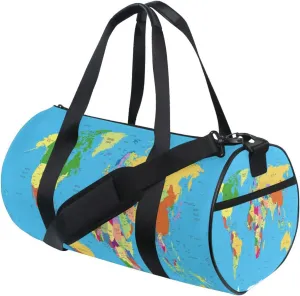 World Map Portable Gym Bag, Travel Bag, Luggage bag, Sports Bag, Toiletry Bag with Handles, Detachable Shoulder Strap 17.6 x 9 x 9 inch