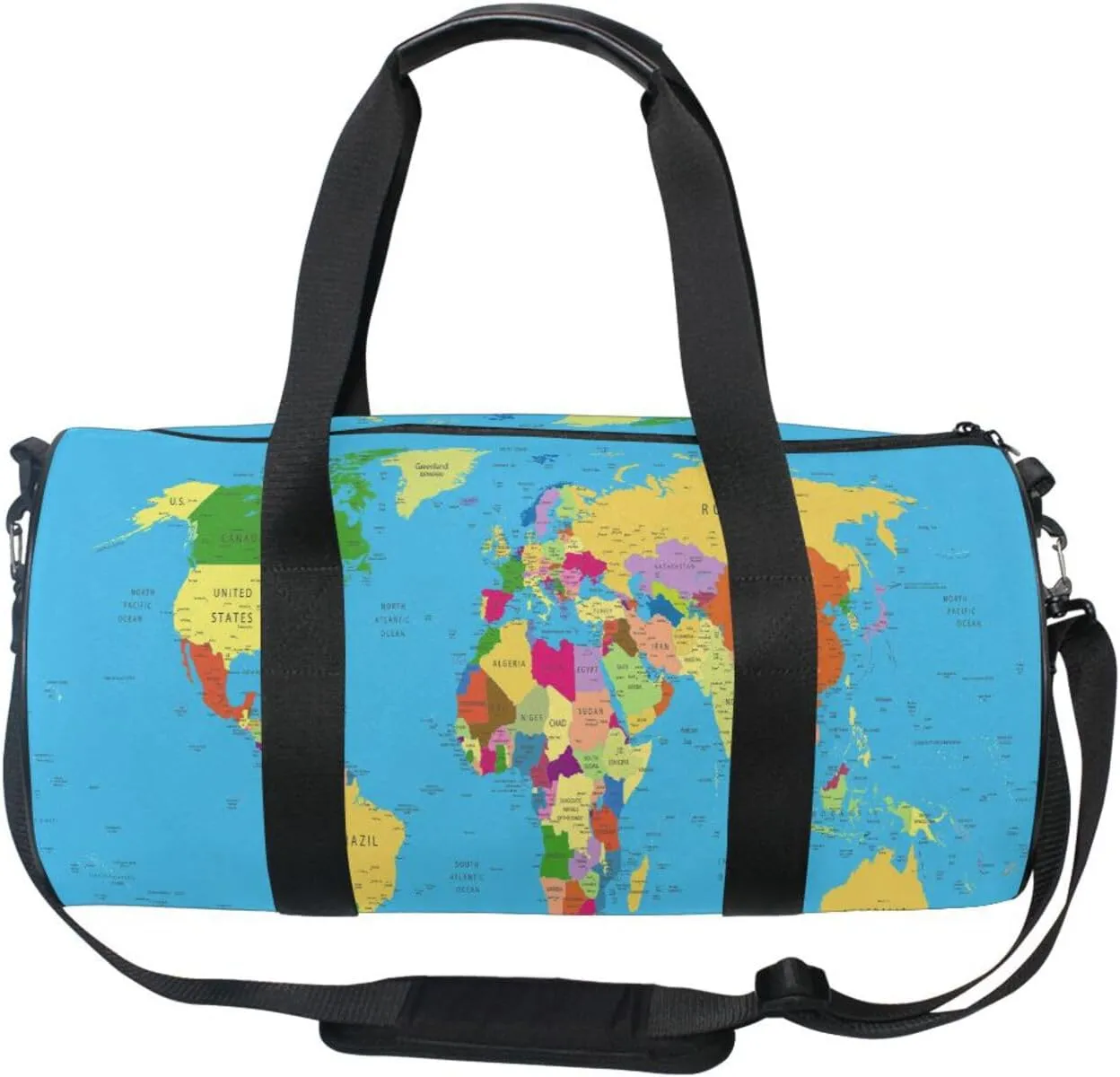 World Map Portable Gym Bag, Travel Bag, Luggage bag, Sports Bag, Toiletry Bag with Handles, Detachable Shoulder Strap 17.6 x 9 x 9 inch
