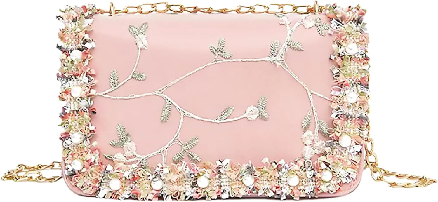 Xerial Adorable Pink Crossbody Bag: Synthetic Pearl Accents, 3D Lace Flowers - Kawaii Pink Purse for Girls,Aesthetic Crossbody Wallet, Cute Shoulder bags - Crossbody Purses for Girls and Women