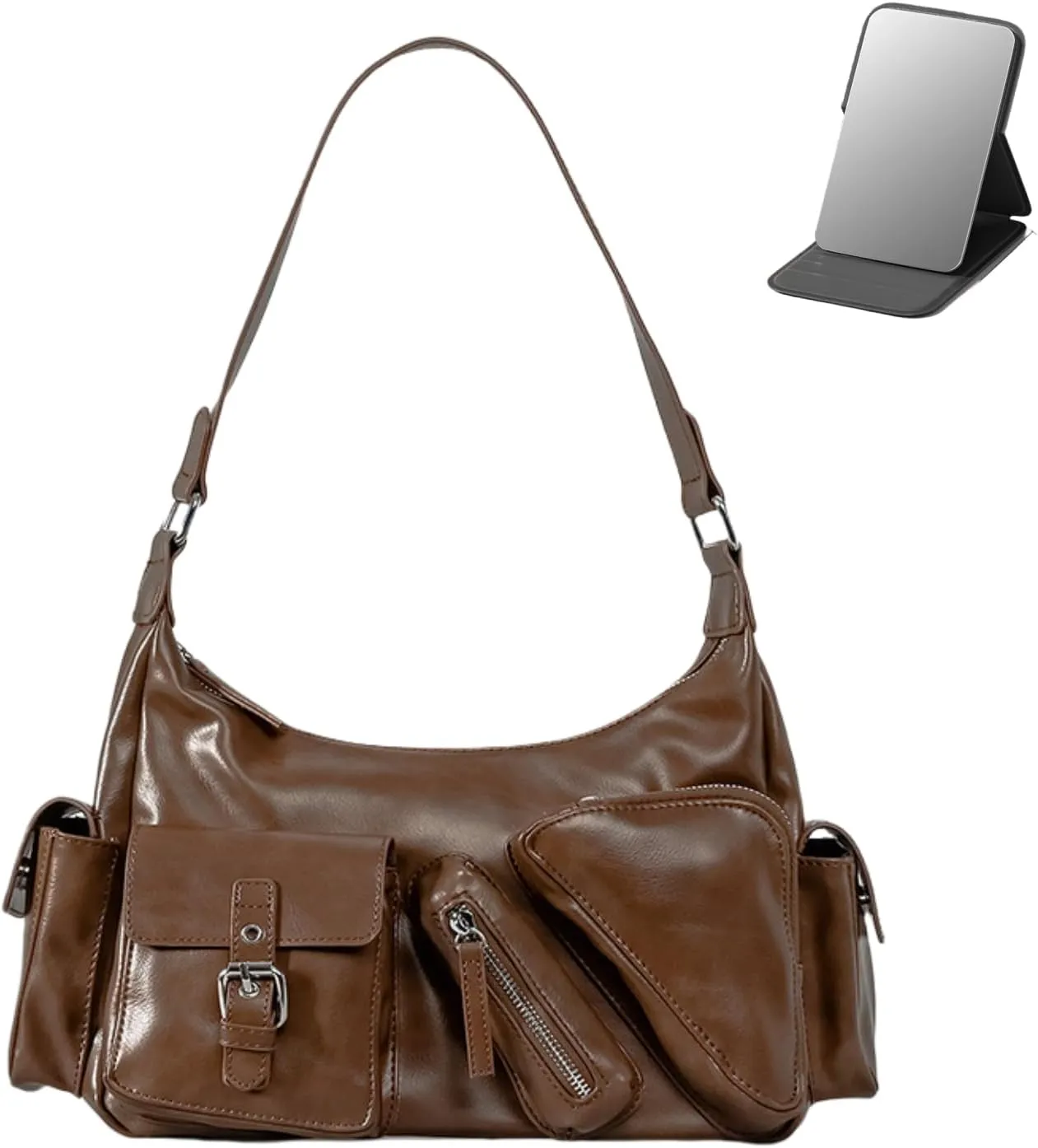 Y2k Shoulder Bag for Women, PU Leather Vintage Underarm Bag with Mirror, Multi-Pockets Goth Purse